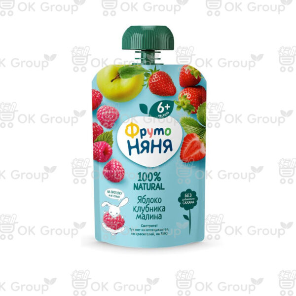 Пюре-десерт ФрутоНяня из яблок, клубники и малины 90 гр. пауч