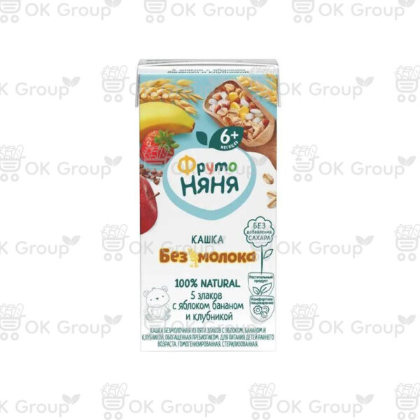 Кашка ФрутоНяня безмолочная из пяти злаков с яблоком, бананом и клубникой 200 мл.